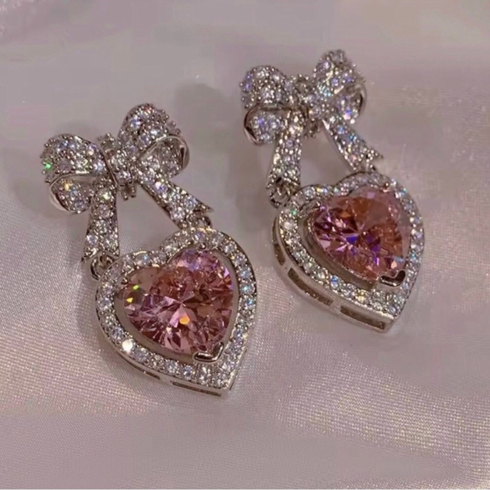 Sparkling Pink Heart Drop Earrings with Bow Accent